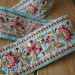 【90㎝カット済み】シルク　刺繍リボン【ターコイズ】インド刺繍リボン