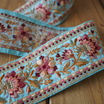 【60㎝カット済み】シルク　刺繍リボン【ターコイズ】インド刺繍リボン