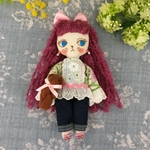 ラブリーナチュラル夢猫ちゃんテディと一緒　花柄ブラウス、デニムパンツコーデ　ポルドーカラー　ドールチャーム　布人形　マスコット　青い目の猫娘277