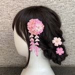  桜ブーケに組紐リボンのヘアクリップ 玉かんざし＆桜Uピン　【桜ピンク】　 ☆つまみ細工☆七五三☆髪飾り ☆卒業式☆着物☆和装 