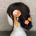  桜ブーケに組紐リボンのヘアクリップ 玉かんざし＆桜Uピン　【白・ベージュ】　 ☆つまみ細工☆七五三☆髪飾り ☆卒業式☆着物☆和装 