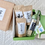 ギフトボックス☆緑茶「和」200g &「和紅茶ティーパック・ほうじ茶50g」の茶こし付き耐熱ガラスボトル