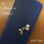 【iPhone6/6s】選べる誕生石＆イニシャル＊レザー調手帳型ケース＊ネイビー