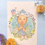 似顔絵でこどもの日・初節句をお祝い！誕生日ギフトにもぴったりなお花いっぱいのオーダーイラスト。ペット似顔絵(B6サイズ・フレーム無し)