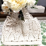  takennko様   専用商品 ❀ 春夏糸❀かぎ針編み パイナップル編み お花モチーフ付き❀ミニバック 生成り