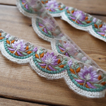 【1mカット済み】チュール刺繍リボン   インド刺繍リボン　【パープル】
