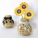 3本のヒマワリ、麻×レースの花器(ベージュ)Set