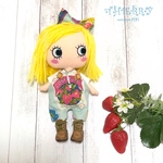 ☆THIERRY☆イーマリーちゃん着せ替えお洋服　ビンテージラベルブルー　どっちも前2wayサロペット ヘアーリボン　フォークチャームネックレス