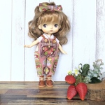 ☆THIERRY☆モンストドール着せ替えお洋服　ビンテージラベルピンク　どっちも前2wayサロペット ヘアーリボン　フォークチャームネックレス