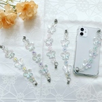 スマホバンド　蝶々　お花　クリア　ブルー　ミント　ピンク　パープル　ビーズ　ストラップ　スマホリング　5色　キーリング