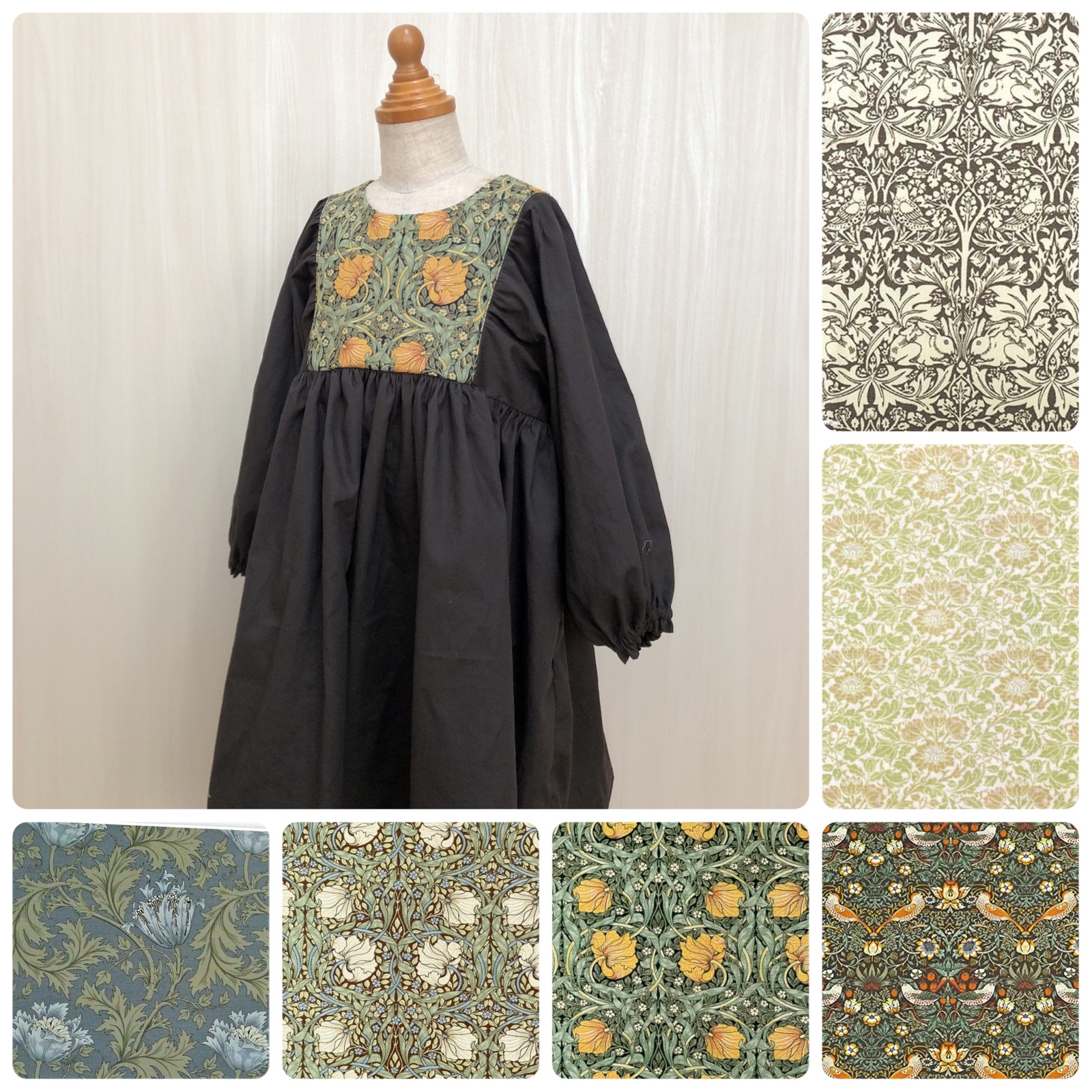 ぽわん袖のワンピース.ウィリアムモリス×ライトグレー　size120 大人服選べるウィリアムモリス❁︎ぽわん袖ワンピース