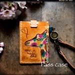 本革☆パスケース　リールキー付き　手染め　ヌメ革　キリン