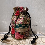 Orga bag  M size 〜 2way インド刺繍リボンの丸底巾着バッグ　エレガントフラワー　レッドピンク