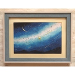 和紙ちぎり絵『三日月とキラキラ銀河の流れ星』葉書サイズ原画