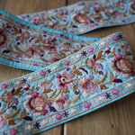 【1mカット済み】シルク　刺繍リボン【ターコイズ】インド刺繍リボン