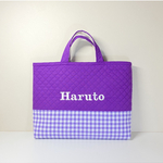 【お名前刺繍無料サービス】ギンガムチェック柄（ムラサキ）★ レッスンバッグ