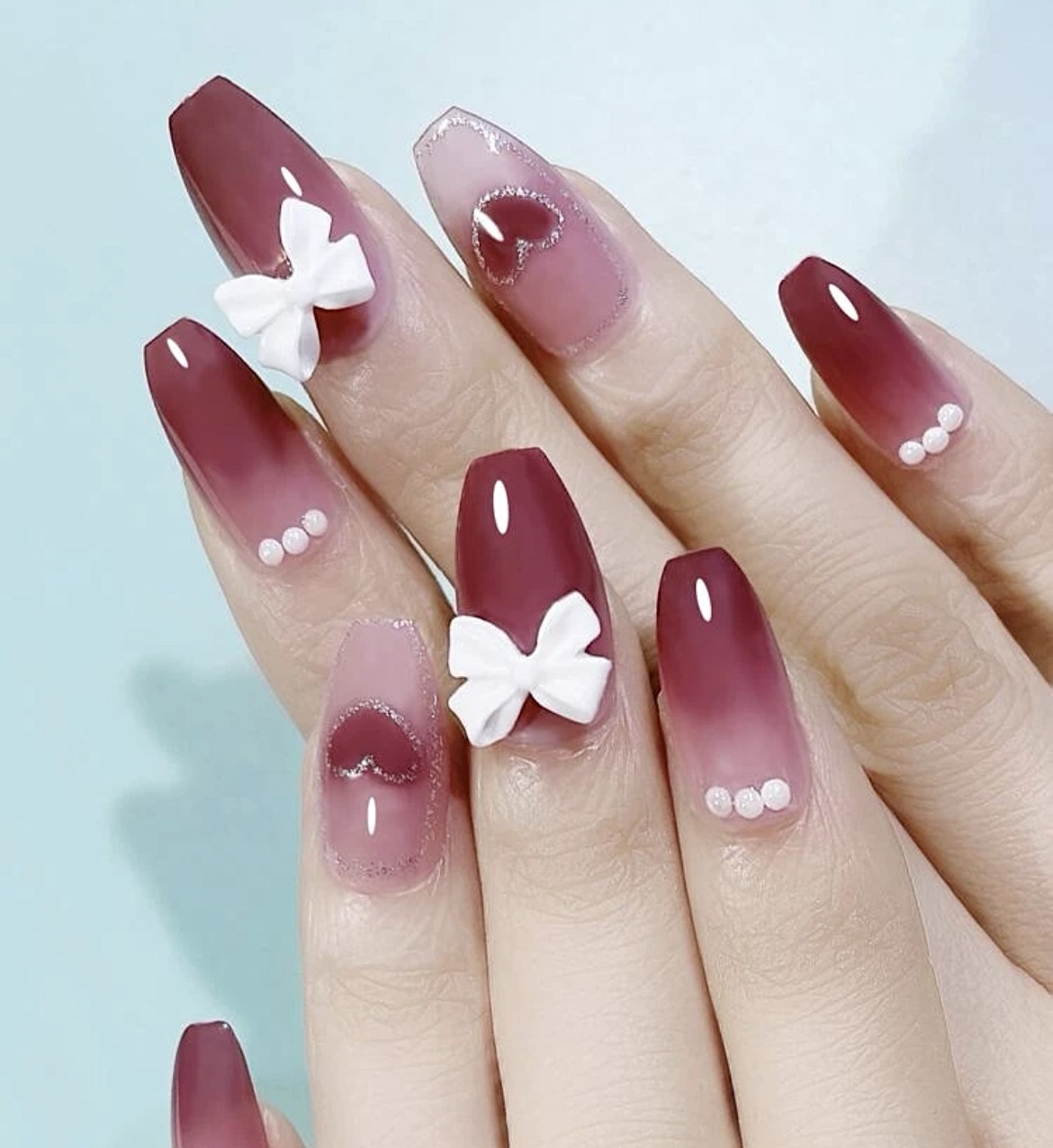 N109》既成ネイルチップ24枚セット ピンク ボルドー 赤 ハート リボン