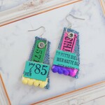 カラフルレザーとデニムリメイク ポンポン付きピアス