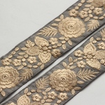 インド刺繍リボンᢂ ゴールドフラワーリボン【グレー】インド刺繍　刺繍リボン　刺繍　リボン　シルク　トリム　ブレード　ジャガードリボン レース