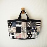 ♫　モノトーン　四角パッチワーク　　横長トート　♫　帆布　黒　リネン