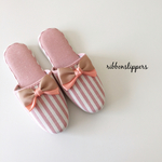 beigepinkリボンスリッパ ピンクストライプ