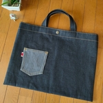 レッスンバッグ☆岡山デニム Ｍ 持ち手デニム　ヒッコリー　習い事　入学