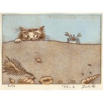 【版画】 タイトル／浜辺の猫とカニ ★ 藤宮史(フジミヤ フヒト)★ 猫の絵 猫の版画