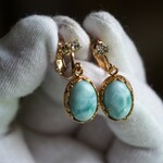 ラリマー１４　　K18GP　JBBフラワー＆リーフ台座イヤリング❀