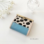 お札が折らずに入る♬直線口金ミニ財布　ダルメシアン柄ハラコ本革×アクア色本革