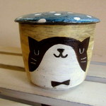 *つちはしふみこ＊ハチワレネコのフタ付カップ＊青