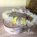 [オーダー品］菜の花とかすみ草の花冠、リストレット、2点セット