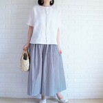 【播州織コットンブラックストライプ】【ギャザーパンツ】涼やかストライプのガウチョパンツ ブルー　ワイドパンツ　コットン