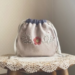 [ご注文商品] 刺繍巾着　フランネルフラワーpink