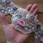 【85㎝カット済み】ヴィンテージ　オーガンジー　刺繍リボン   インド刺繍リボン　【ブルー】