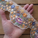 【70㎝カット済み】ヴィンテージ　オーガンジー　刺繍リボン   インド刺繍リボン　【イエロー】