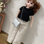 NO,150 リカちゃん　服　リネンワイドパンツ　黒　レース　トップス　シルバー　ショルダーバック 初夏コーデ