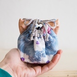 猫型の台湾花柄x絹織物mini猫耳巾着ポーチ(一点作品)