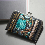 【ラスト1点】インド刺繍がま口カードケース　両面 花柄　ブルー　ゴールドスパンコール　ラインストーン　名刺ケース　カードファイル付き