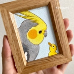 オカメちゃんミニ原画　ばちばち！にらみ合うふたり（ノーマルオカメインコ、アヒル、水色）