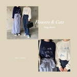 《NEW》"ネイビー" FLOWERS & CATS ロングTシャツ　/ 長袖 / オリジナル プリントTシャツ / ユニセックス / トップス / チューリップ / ねこ / 猫