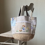 少女と犬*刺繍ポケット*かごバッグ*フランス*フィードサック*リネン