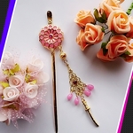 🌻ピンク菊🌻と手鞠の刀剣の舞　菊簪　スワロフスキーフューシャーとリアル日本刀かんざし