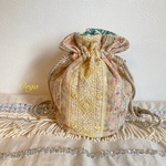 Orga bag L size 〜 2way インド刺繍リボンの丸底巾着バッグ  レモンイエロー×くすみベージュ