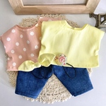 ピンクドット・イエローのトップス2着&デニムパンツ&ヘアアクセ2個セット ＊メルちゃん ソランちゃんの服＊