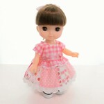 ワンピース&ヘアゴムセット　フレンチスリーブ　ピンクパッチスカート　チェック　メルちゃん　ソランちゃんサイズ　服