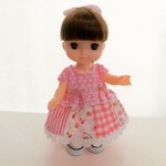 ワンピース&ヘアゴムセット　フレンチスリーブ　ピンクパッチスカート　ハート　メルちゃん　レミンちゃん　ソランちゃんサイズ　服