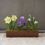 粘土の花【春の花　ミニミニ水仙　ビオラ　スノードロップ　こぼれ種のもみじ　苔風】置物　