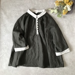New:定番柔らかリネン100%✳︎ループ留め釦のクラシカルな切り替えギャザーブラウス（ダークグリーン×生成り）