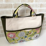 【送料無料】前ポケット付☆手さげトートバッグ(鳥花柄&カーキ・生成り帆布)