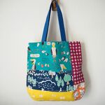 北欧風　ランダムパッチ　　底タック縦長トートBAG　肩掛け　♪帆布　ブルー　鳥　ドット